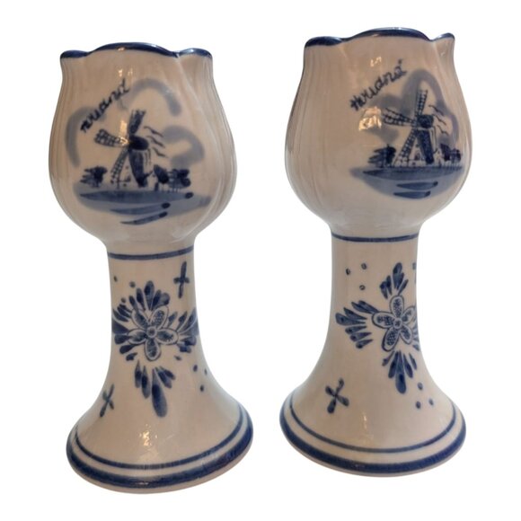 Royal Delft Blue Tulip shaped candle holders blue white 4 1/2 in Lot 2 marked - Picture 1 of 10